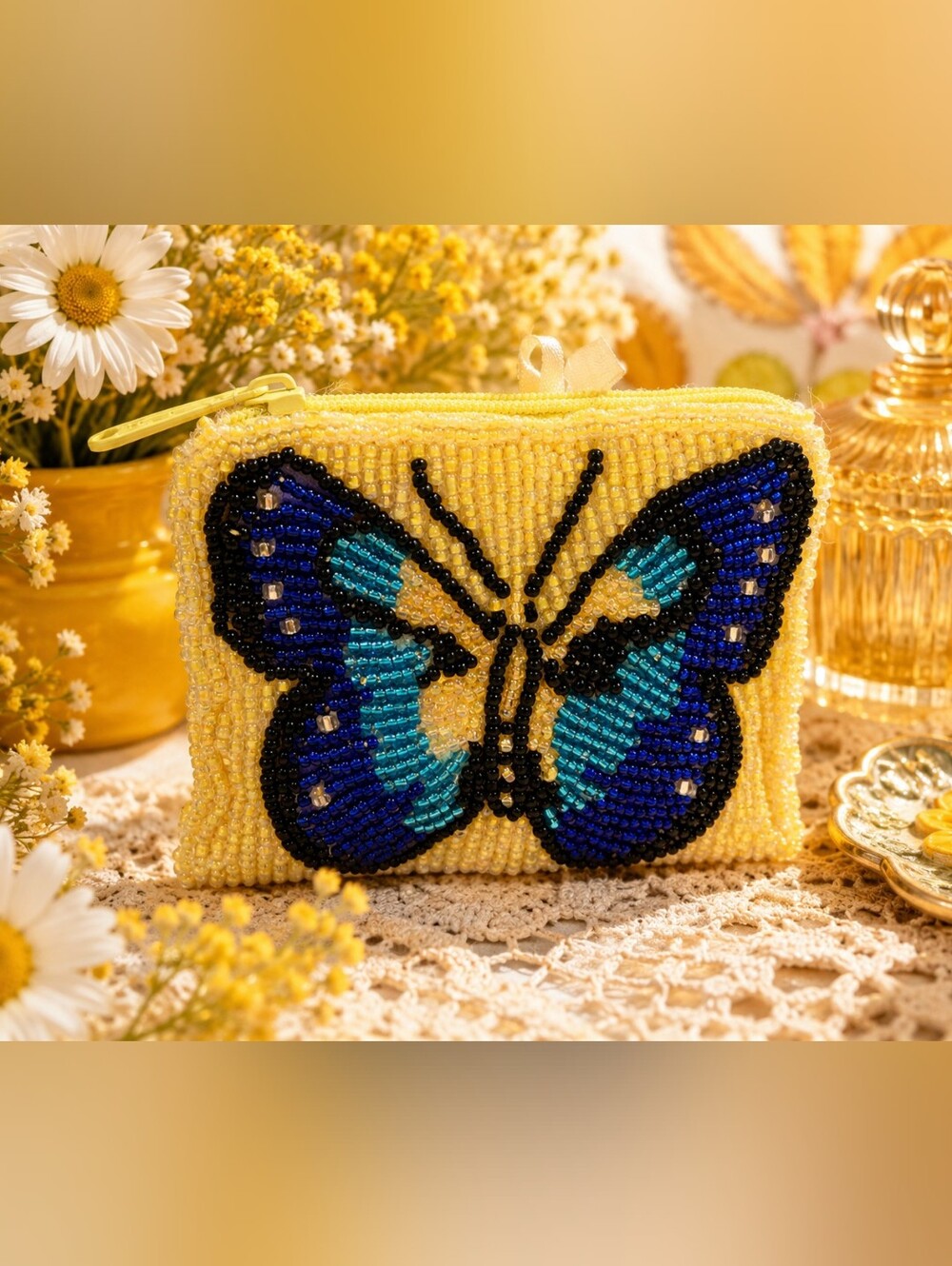 🦋 Sunshine & Butterflies! 💛💙 Vintage Beaded Coin Purse | New Old Stock